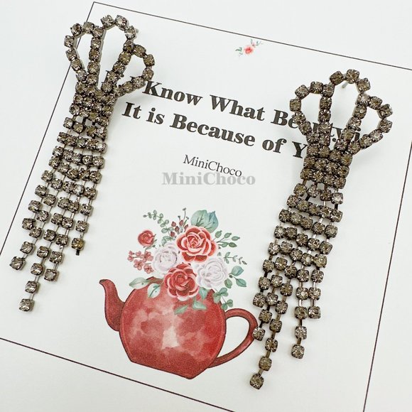 Black Rhinestone Crown Top Fringe Earrings - Picture 7 of 8